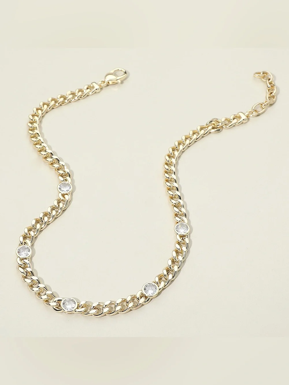 14K Gold Plated Round CZ Bezel Station Chunky Curb Chain Necklace
